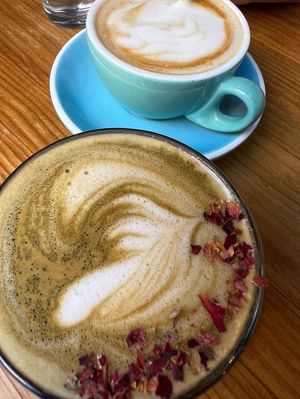 Back: black coffe with oat milk | front : matcha latte, double espresso with oat mil  at Frutas Prohibidas in Madrid