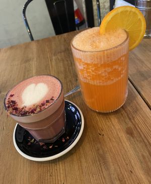 Red velvet latte, can't remember what was in the orange juice but it was great   at Frutas Prohibidas in Madrid