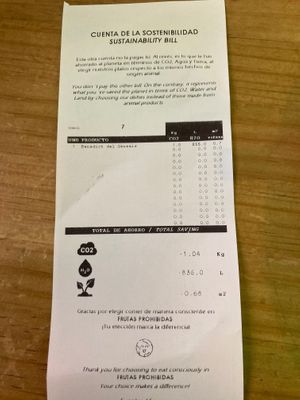 « Sustainability bill ». Amazing idea  at Frutas Prohibidas in Madrid