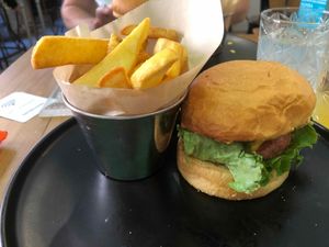 Burger Sacrilegio, very basic, but 
Good and tasty Patty, but bad bread. 
French Fries were ok. at Frutas Prohibidas in Madrid