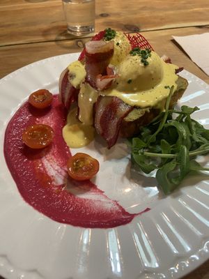 Benedict eggs w/bacon  at Frutas Prohibidas in Madrid
