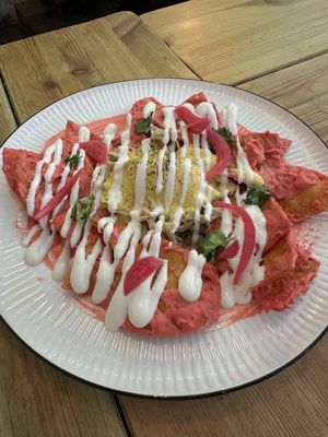 Pink Chilaquiles at Frutas Prohibidas in Madrid