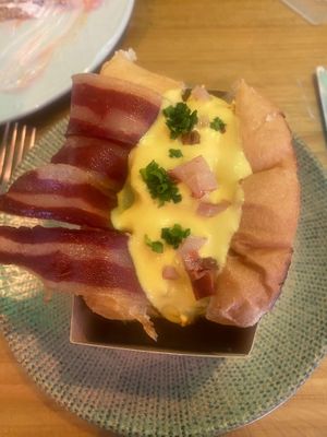 Baconater breakfast sandwich with brioche bread (creamy cheese sauce is incredible)  at Frutas Prohibidas in Madrid