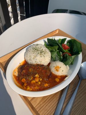 vegan hamburger with rice and potatoes at Vege Bear in Seoul