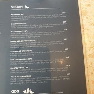 Vegan menu at The Jolly Miller Cafe in Altona