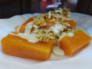 Pumpkin dessert with tahini and walnuts at Sibel's in Vienna