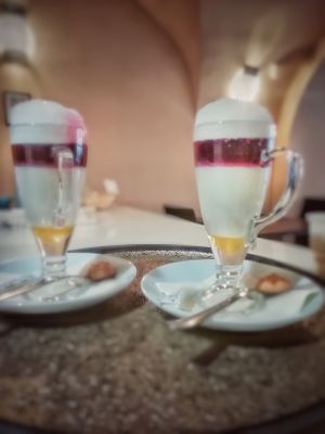 Coconut milk Hibiscus latte at Cafe Mandala in Szekesfehervar