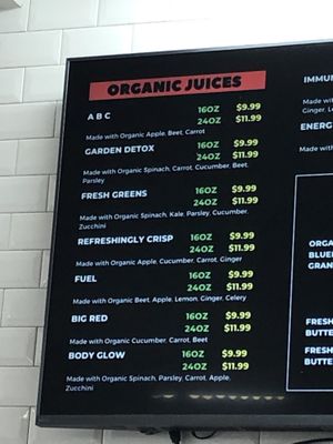 Juice menu  at Jandi's Natural Market and Organic Cafe in Oceanside