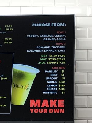 Juice menu at Jandi's Natural Market and Organic Cafe in Oceanside