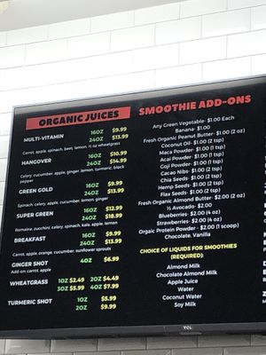 Smoothies menu at Jandi's Natural Market and Organic Cafe in Oceanside