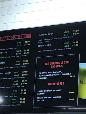 Fresh juice menu  at Jandi's Natural Market and Organic Cafe in Oceanside