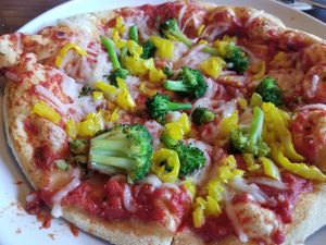 Vegan cheese pizza with banana peppers and broccoli at UNO Pizzeria in Hamilton