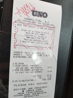 The bill. at UNO Pizzeria in Hamilton