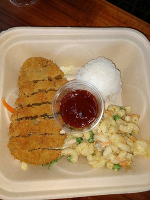 Chickun katsu with bbq sauce, Mac salad, and rice at Wild Thyme Organics in Kealakekua