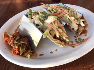 Tempura kimchi tacos 😋 at Wild Thyme Organics in Kealakekua