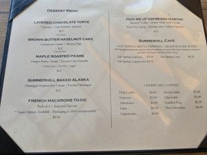 Dessert menu at Summerhill Pyramid Bistro in Kelowna