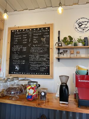 La carta de las opciones de café y te, ademas de lo salado  at Menta (Cafe de especialidad & Dulcería Vegana) in Puerto Natales