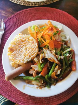 Veg stir fry with soy sausage at Turtle Cove Lodge in Tofo