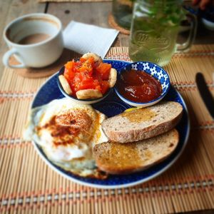 Homemade sourdough toast with eggs and homemade marmelade, fresh fruits and butter at Café Coral in Cahuita