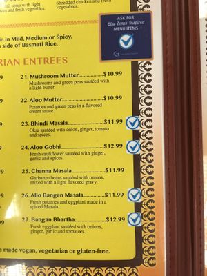 Checkmarks are Bluezone inspired healthy dishes.   at Shanti's Indian Cuisine in Roseburg