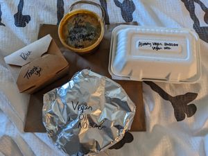 I put in my delivery notes that I hoped they could make the sides vegan because they weren't labeled on the menu. There is nothing I appreciate more than over labeling. "Sauces are at Shanti's Indian Cuisine in Roseburg