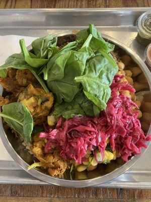 Brown rice bowl with chola, gobi, and dal.  I added corn, spinach, and red cabbage.   at NaanStop - Piedmont Rd in Atlanta