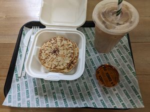 I also tried their pancakes with syrup and a latte. at Vegan Shack in Manchester