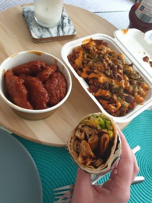 Sweet BBQ chicken poppers, loaded fries, shawarma kebab at Vegan Shack in Manchester