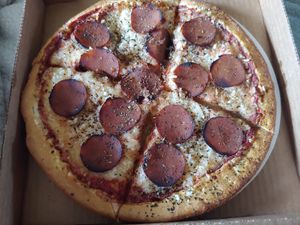 Vegan pepperoni pizza at T-Mama's Gourmet in Aurora