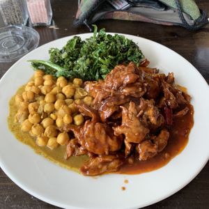 Sweet & Spicy ‘Chicken’, Curried Chickpeas, & Kale at Vegan on Rivers in North Charleston