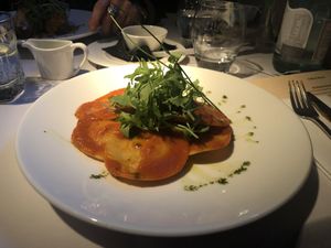 Butternut squash ravioli with a tomato basil sauce. at Fellinis in Ambleside