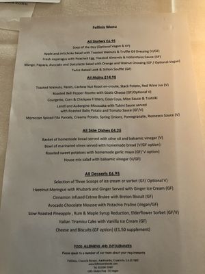 Menu as of 25th July 2021 at Fellinis in Ambleside