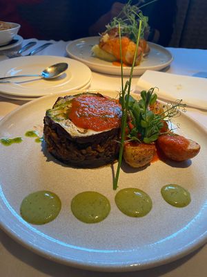Lentil & aubergine moussaka (suppose to be with tahini but none on the dish)  at Fellinis in Ambleside