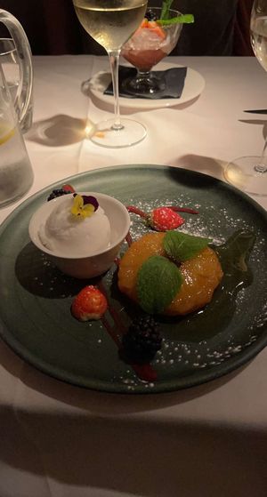 Roast pineapple with elderflower sorbet  at Fellinis in Ambleside