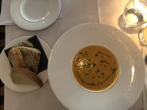 Celeriac and red pepper soup at Fellinis in Ambleside