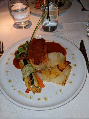 But roast en croute with potato stack and vegetable bundle at Fellinis in Ambleside