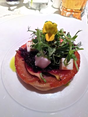 Red onion tarte tatin (with vegan feta) at Fellinis in Ambleside