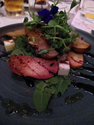 Pear and artichoke crostini (with vegan feta) at Fellinis in Ambleside