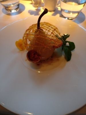 vegan poached pear at Fellinis in Ambleside