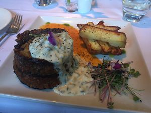 Vegan moussaka with soy tzaziki sauce at Fellinis in Ambleside