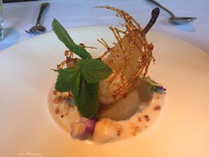 poached pear desert at Fellinis in Ambleside