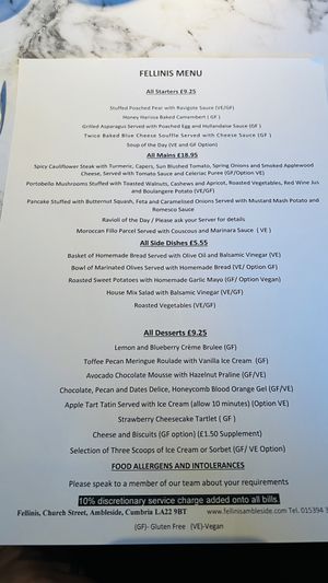 Menu  at Fellinis in Ambleside