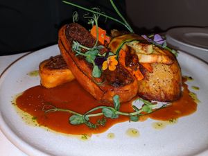 Vegan nut roast in pastry with seasonal vegetables and an amazing red wine sauce at Fellinis in Ambleside