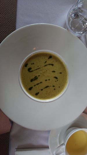 Courgette and rosemary soup (goes with bread and vegan butter) at Fellinis in Ambleside