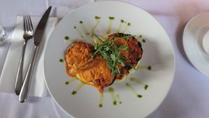 Mushrooms red pepper sauce and cauliflower puree at Fellinis in Ambleside