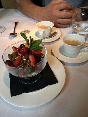 Avocado chocolate mousse with pistachio praline  at Fellinis in Ambleside