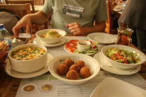 hummus, falafel, arabic salad.. at Abu Jbara in Amman