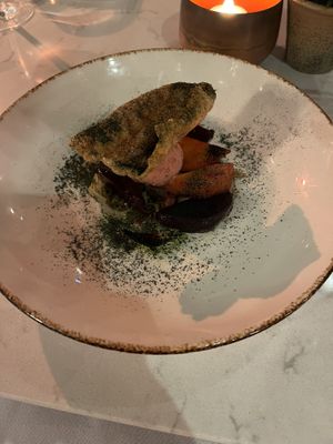 Beetroot appetizer with a berry sorbet  at Glas Restaurant in Dublin