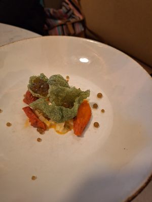 Smoked carrot - potato salad, seaweed caviar, dill cracker at Glas Restaurant in Dublin