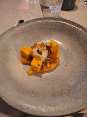 Caramelised pumpkin - Miso Ganache, Pumpkin Seed Praline, Chamomile Sorbet at Glas Restaurant in Dublin